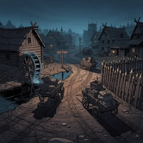 Village at tier 4: a hamlet with a mill and carts