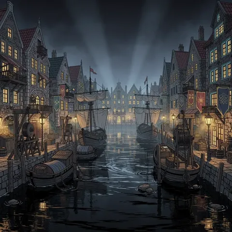 Village at tier 8: a harbour town at night