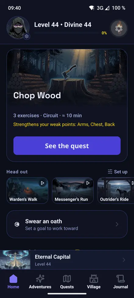 Home screen: the next session with its quest cover and a single button