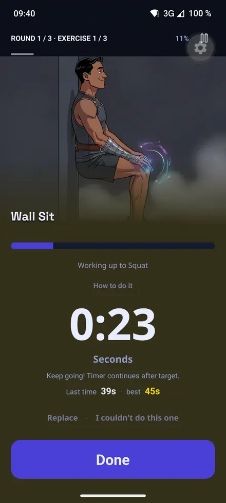 Mid-session: one exercise, a rep counter and a done button