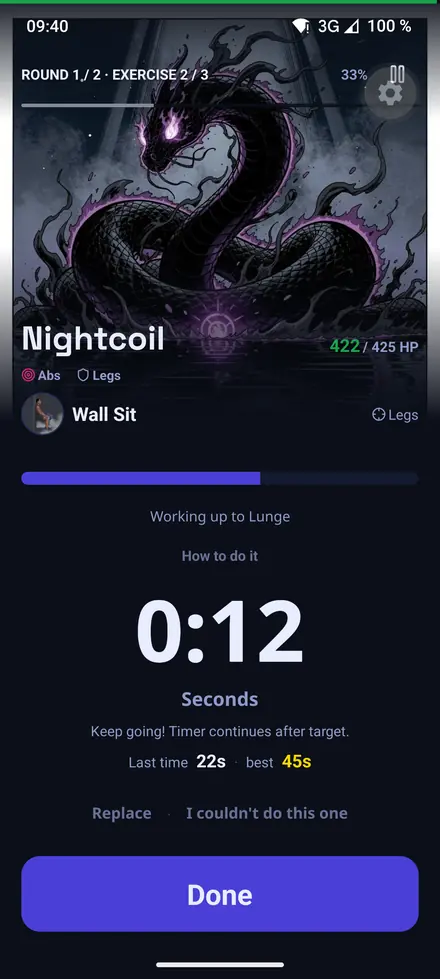 Boss fight: the boss illustration above a health bar and the rep counter