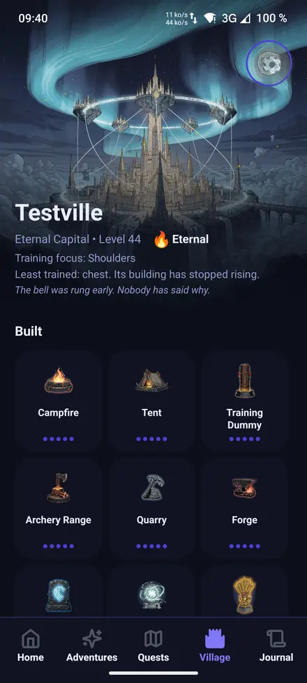 The village screen: buildings raised by past sessions